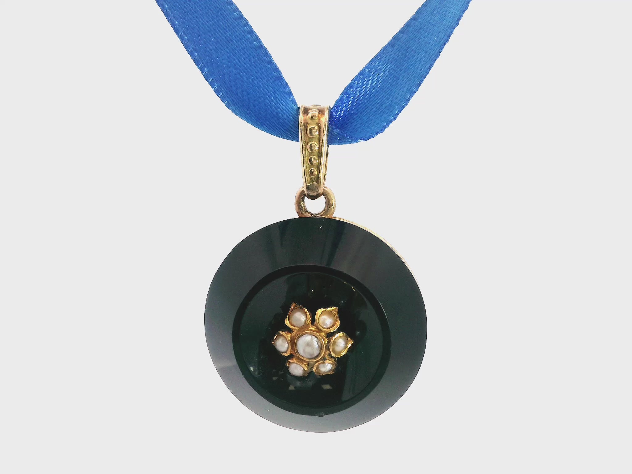 Antique Victorian Yellow Gold Onyx and Seed Pearl Pendant