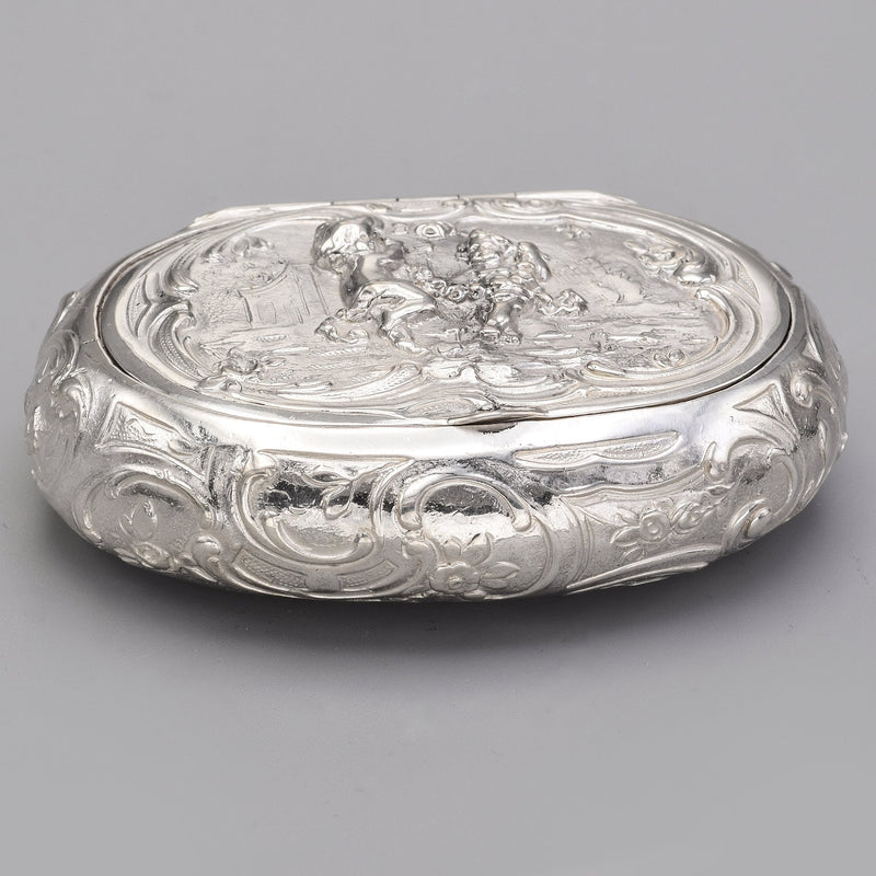 Antique 800 Silver Cherub Etched Oval Trinket Pill Box Case