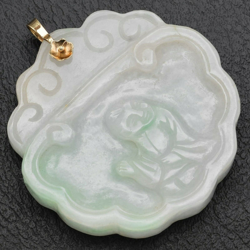 Antique 14K Gold Green Jade Large Thick Carved Deity Reversible Pendant