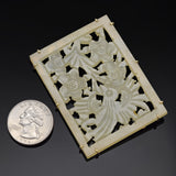 Antique 14K Gold Mutton Fat Jade Floral Bird Carved Rectangle Plaque Brooch Pin
