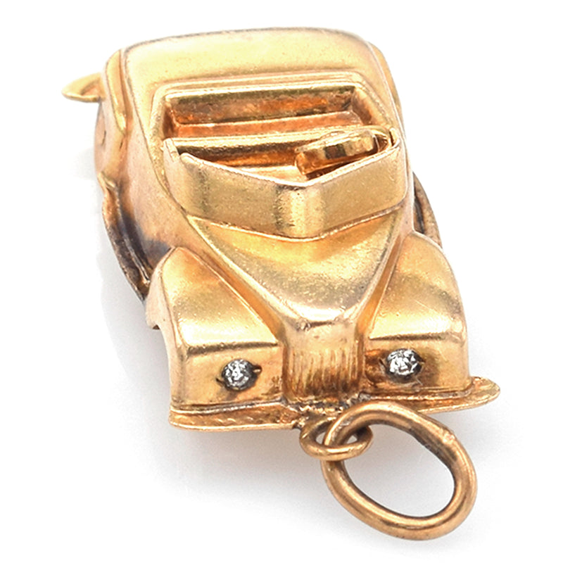 Vintage 14K Yellow Gold CZ Convertible Car Charm Pendant with Moving Wheels