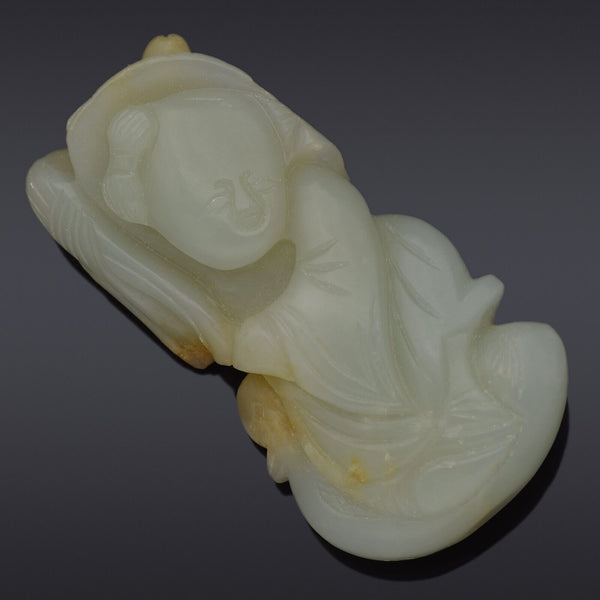 Antique Pale Green Mutton Fat Jade Carved Deity Figurine Pendant 67.4 Grams