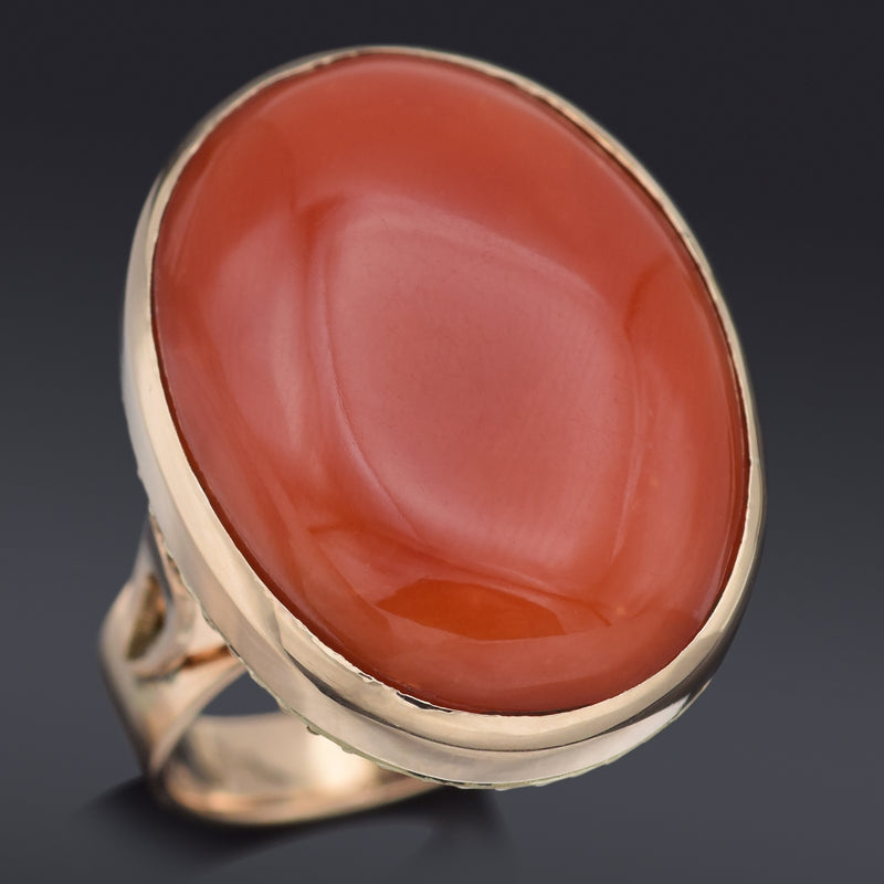 Vintage 14K Yellow Gold Red Coral Cabochon Oval Cocktail Ring