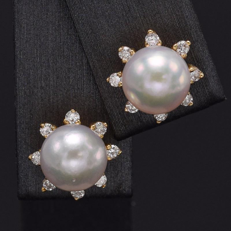 Vintage 14K Gold Sea Pearl & Diamond Ear Jacket Stud Earrings 2.9 Grams
