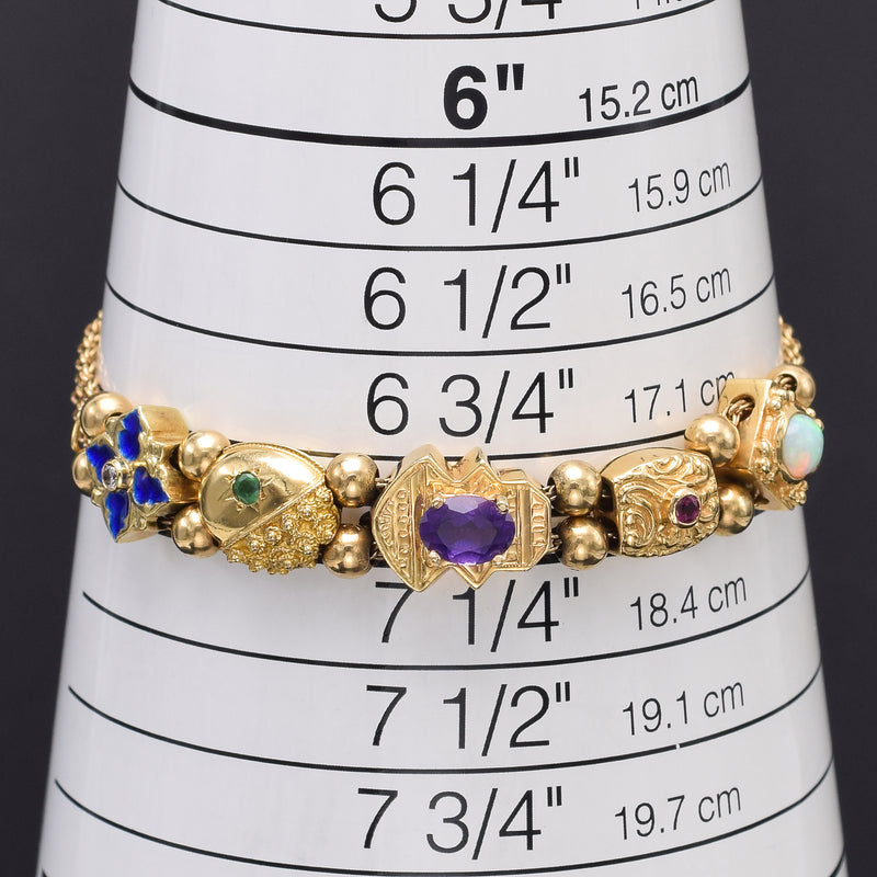 Vintage Museum Company 14K Yellow Gold Multi-Stone & Diamond Enamel Slide Bracelet 14.8 Gr