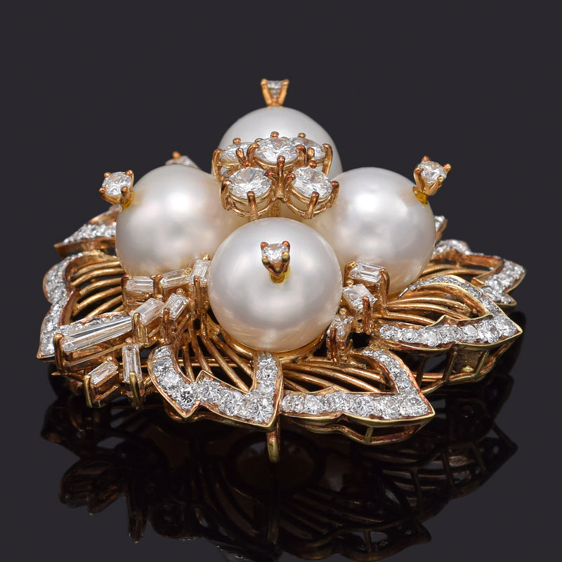 Vintage 18K Gold Natural Tahitian Pearl & 3.09 TCW Diamond Brooch Pin Pendant