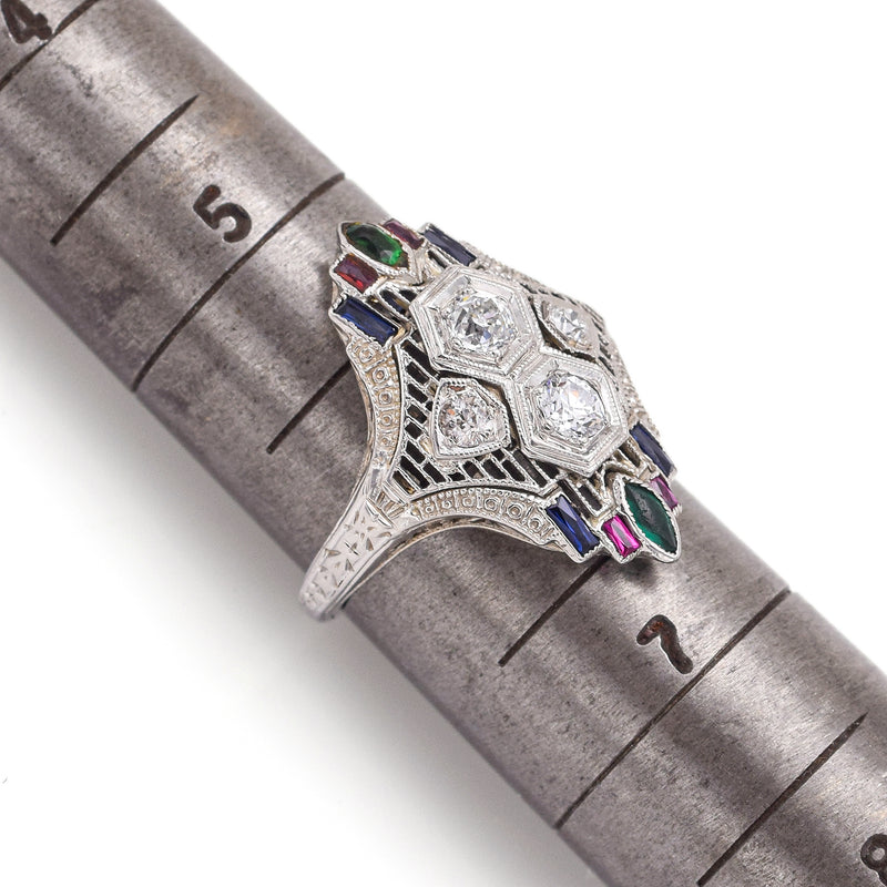 Antique 18K Gold 0.50 TCW Diamond, Pink Blue Spinel & Green Paste Art Deco Ring