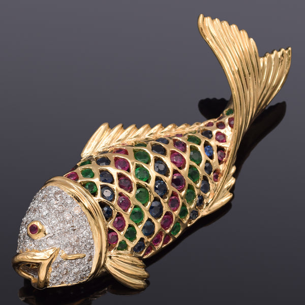 Estate 18K Yellow Gold Multi-Stone & 0.92 TCW Diamond Fish Brooch Pin