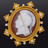 Antique 19th Century 18K Yellow Gold Cameo & Sea Pearl Roman Soldier Brooch Pin