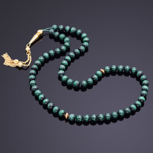 Vintage 18K Yellow Gold Malachite Prayer Beads 80.1 Grams