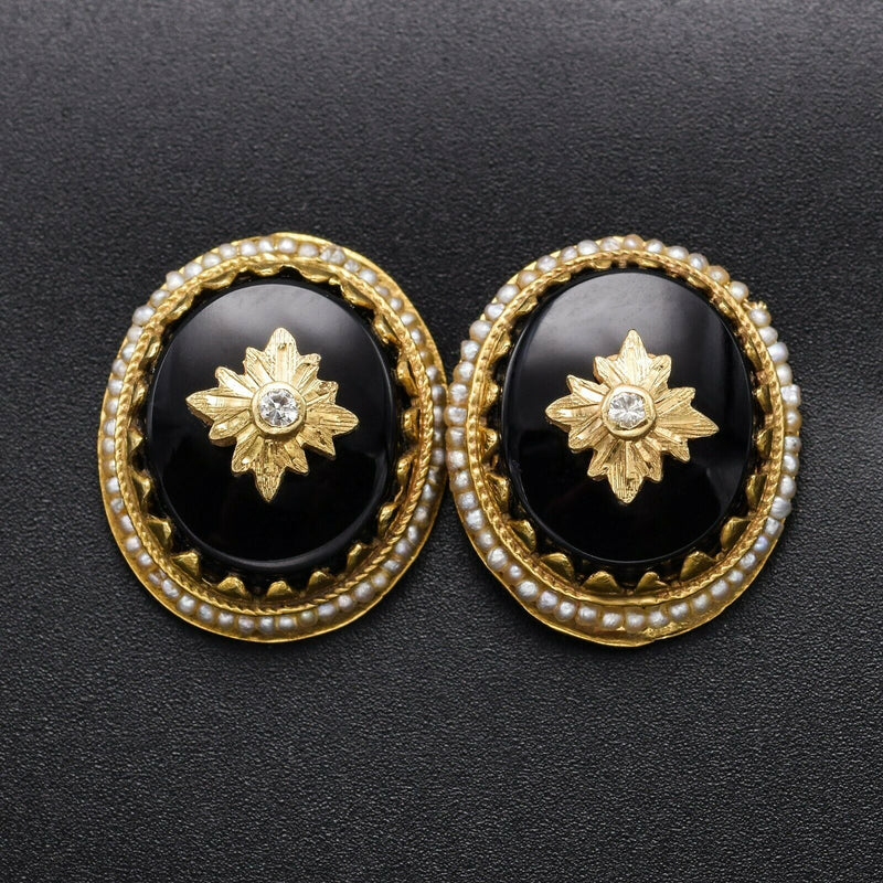 Antique 14K Gold Onyx, Sea Pearl & White Topaz Mourning Drop Earrings 6.3 Grams