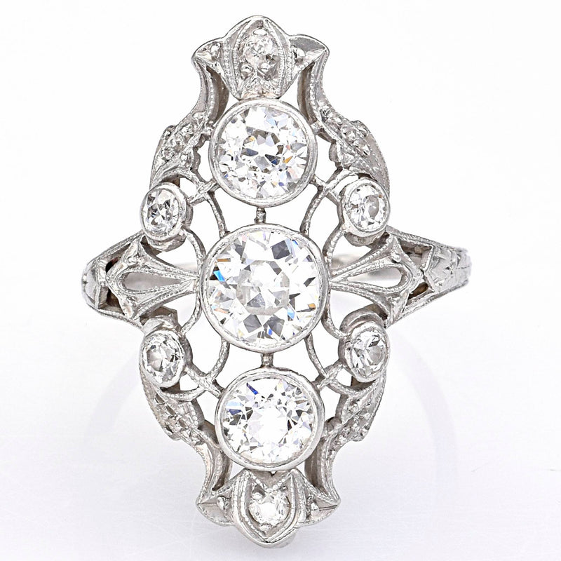 Antique Platinum Old Euro Cut Diamond Art Deco Cocktail Ring