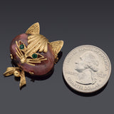 Vintage 14K Yellow Gold Pink Brown Ocean Jasper & Green Paste Cat Brooch Pin