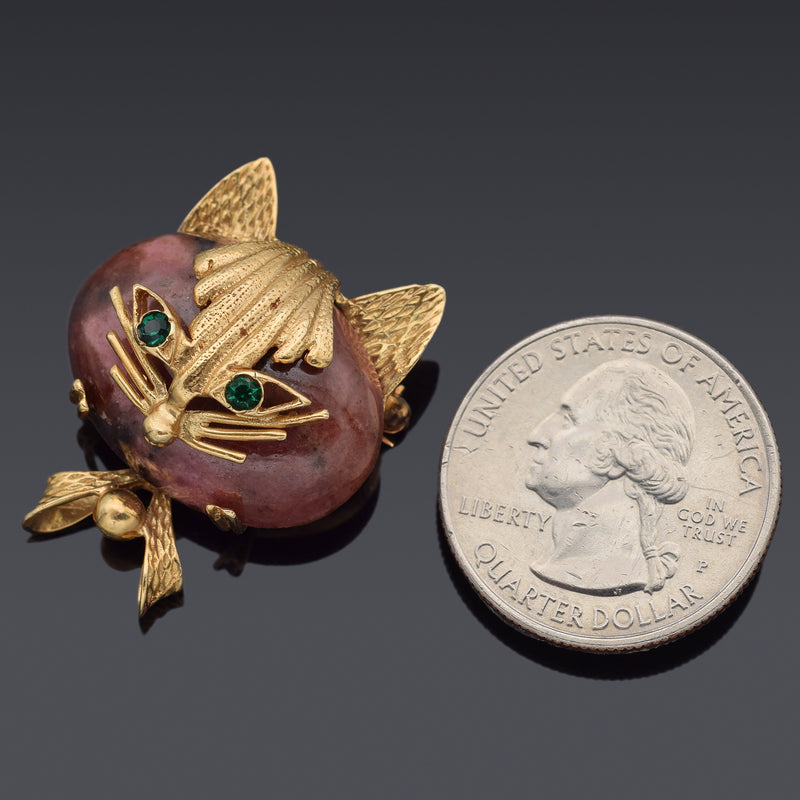 Vintage 14K Yellow Gold Pink Brown Ocean Jasper & Green Paste Cat Brooch Pin
