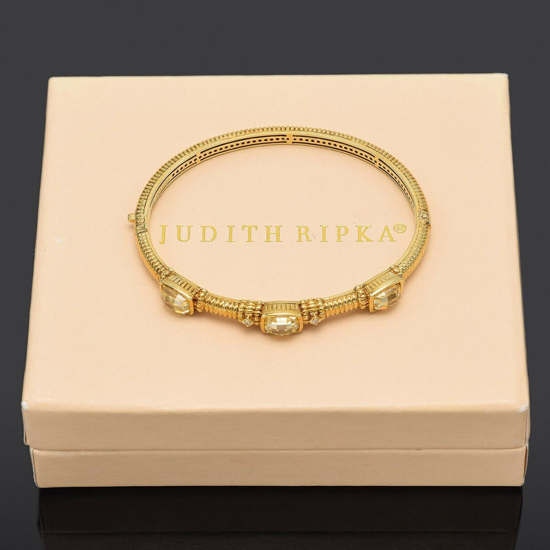 Judith Ripka 14K Gold Canary Crystal & Diamond Hinged Bangle Bracelet +Box 21.2G