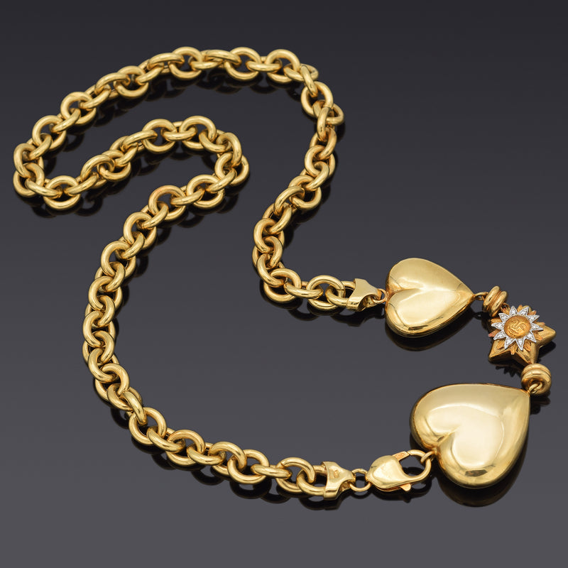 Vintage 18K Yellow Gold Heart, Sun & Star Diamond Cable Necklace