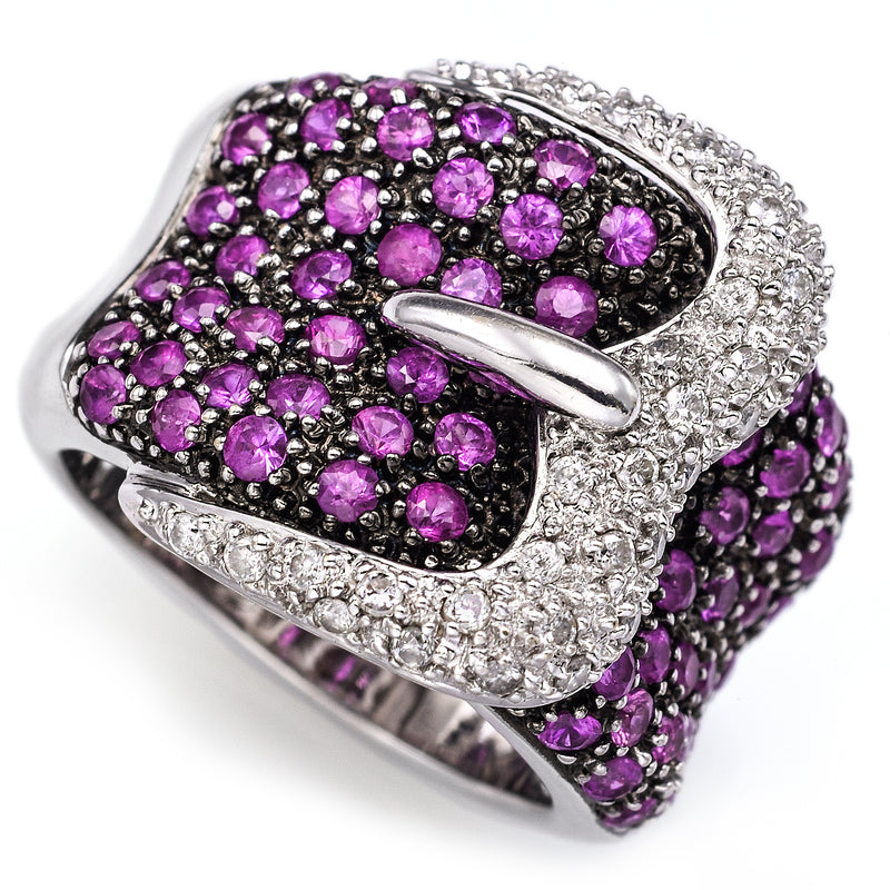 Vintage 18K White Gold Ruby & 0.50TCW Diamond Buckle Cluster Cocktail Ring