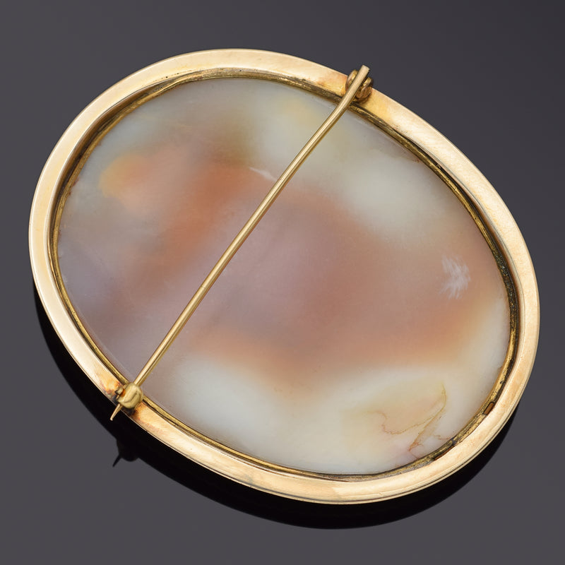 Antique 14K Yellow Gold Cameo Shell Large Oval Brooch Pin