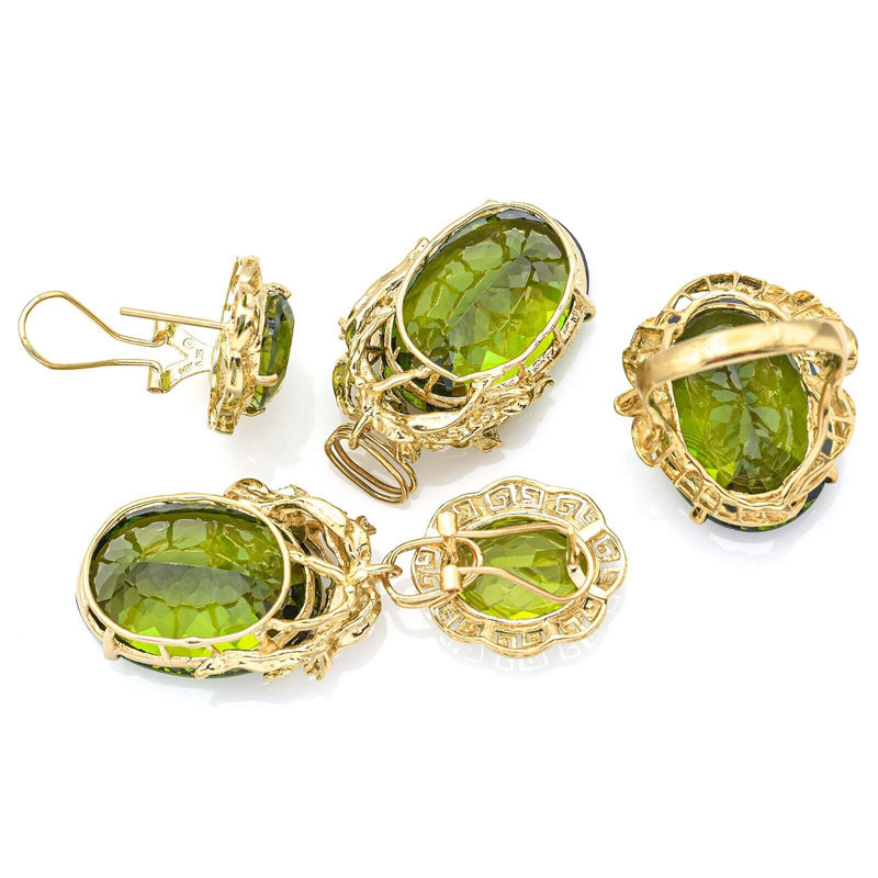 Heavy 14K Gold 111.44 TCW Peridot & Diamond Interchangeable Earrings & Ring Set