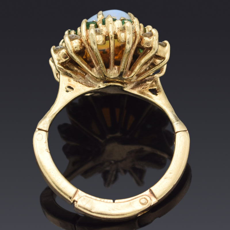 Vintage 14K Yellow Gold Opal, Emerald & 0.24 TCW Diamond Hinged Cocktail Ring