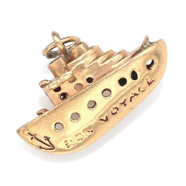 Vintage 14K Yellow Gold Red Enamel Bon Voyage Ship Charm Pendant