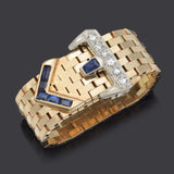Vintage 14K Yellow Gold Sapphire & Diamond Adjustable Belt Buckle Band Ring