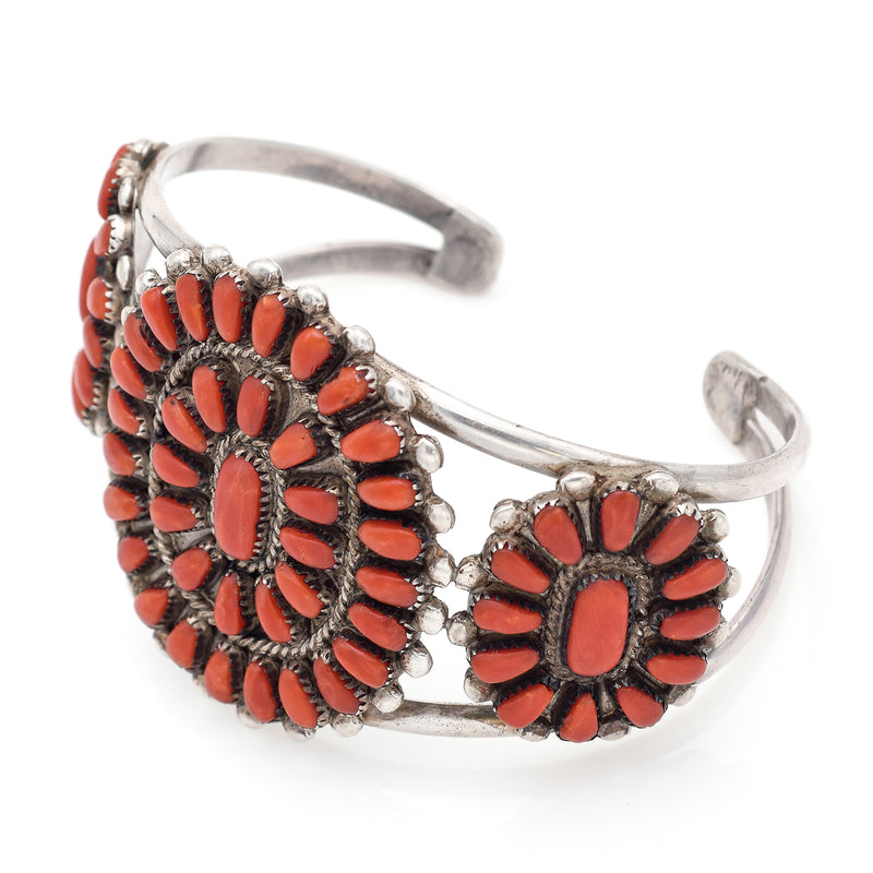 Vintage Marie Donna Besselente Zuni Sterling Silver Red Coral Cuff Bracelet