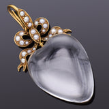 Antique Victorian 18K Gold 42.95Ct Rock Crystal Quartz & Sea Pearl Heart Pendant