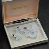 Vintage 14K White Gold Diamond & Frosted Quartz Carved Leaf Earrings & Brooch Pin Set