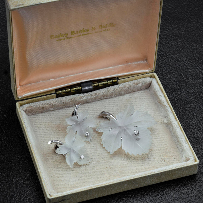 Vintage 14K White Gold Diamond & Frosted Quartz Carved Leaf Earrings & Brooch Pin Set