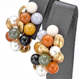 Ming's 14K Gold Multi-Color Jade & Sea Pearl Cluster Leaf Clip On Earrings