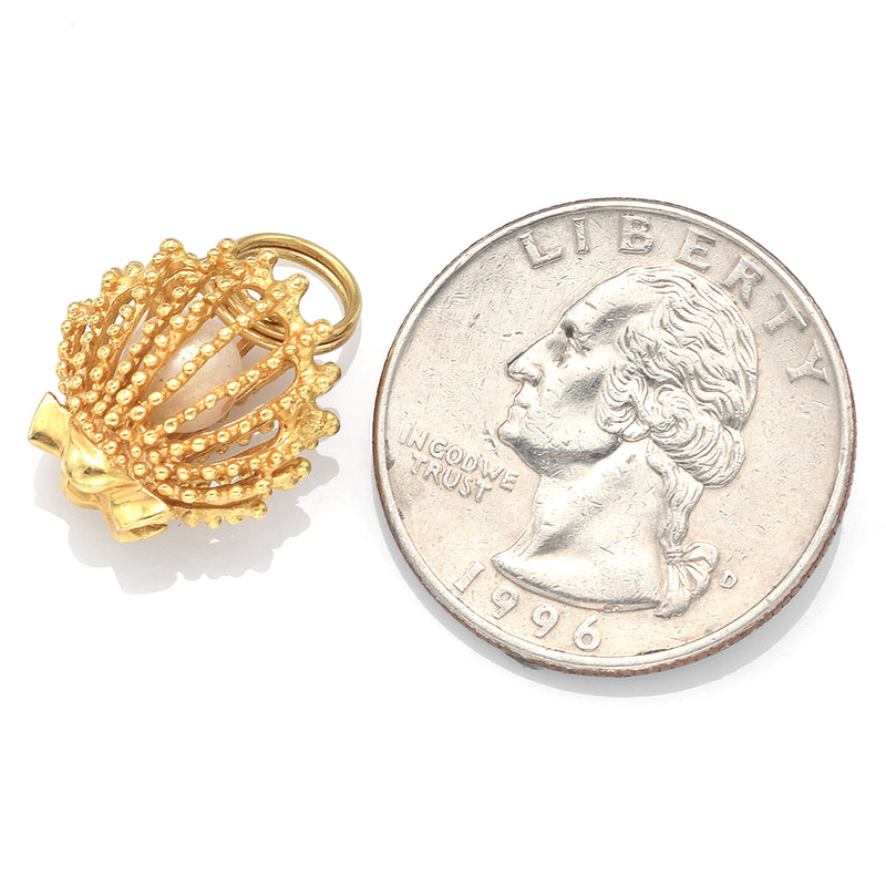 Vintage 14K Yellow Gold Sea Pearl Scallop Shell Cage Charm Pendant