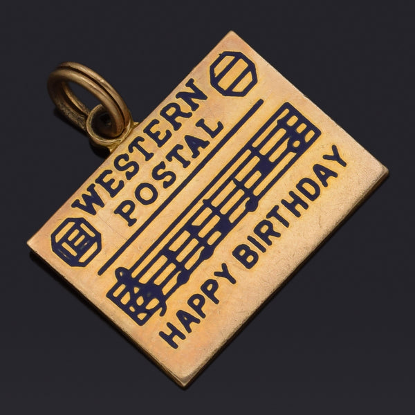 Vintage 14K Yellow Gold Western Postal Happy Birthday Charm Pendant 2.9 Grams
