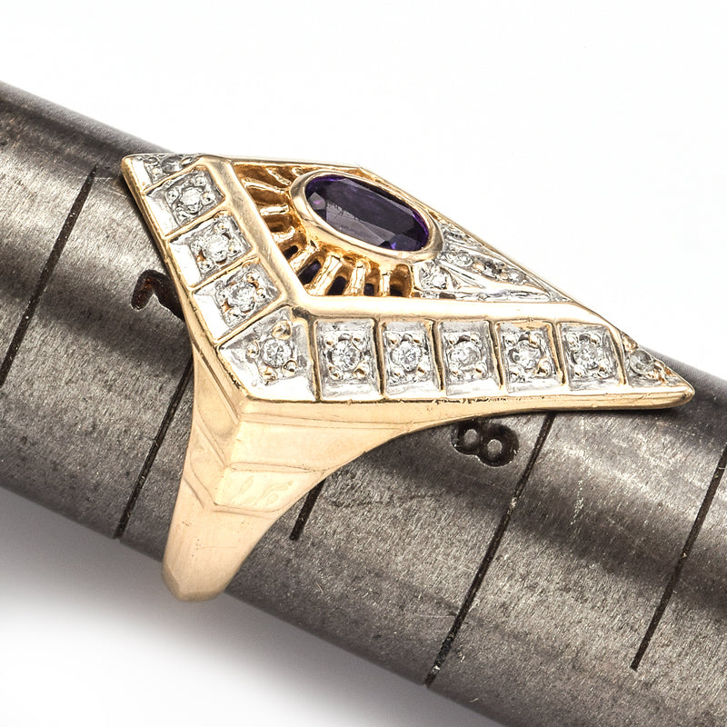 Erte 14K Yellow Gold Amethyst & 0.35 TCW Diamond Art Deco Cocktail Ring