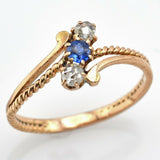 Antique 14K Yellow Gold Sapphire & Mine Cut Diamond Ring