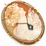 Antique 14K Yellow Gold Cameo Diamond Large Oval Brooch Pin Pendant