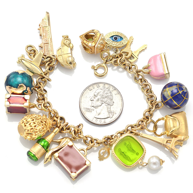 Vintage Tagliamonte, OTC & More 14K & 18K Gold Glass Enamel 17 Charms Bracelet