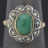 Antique 14K Yellow Gold & Sterling Silver Emerald & Sea Pearl Cocktail Ring