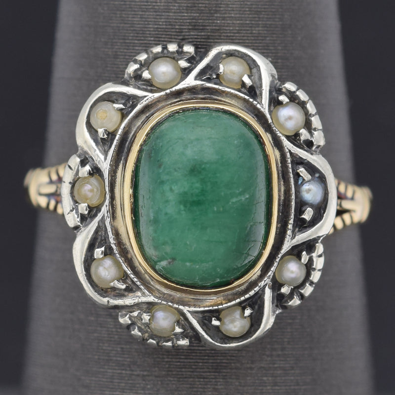 Antique 14K Yellow Gold & Sterling Silver Emerald & Sea Pearl Cocktail Ring