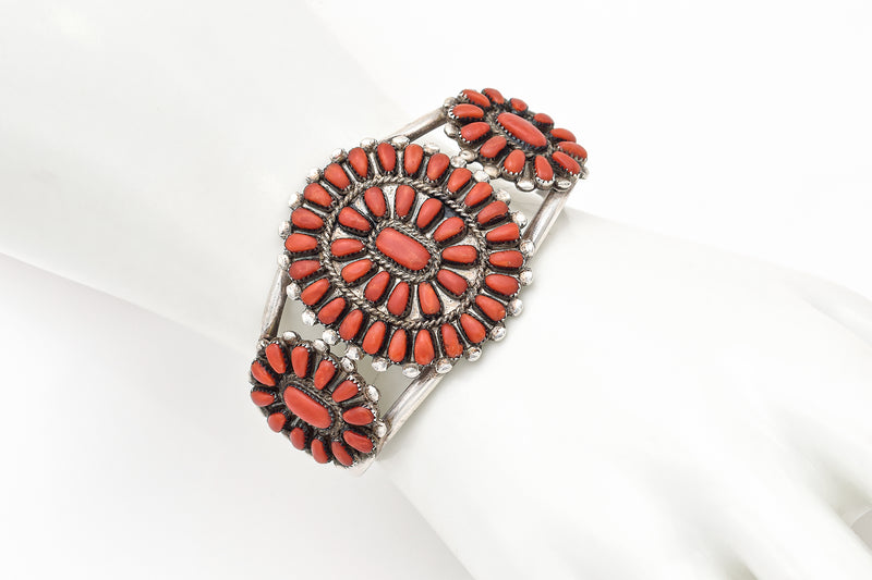 Vintage Marie Donna Besselente Zuni Sterling Silver Red Coral Cuff Bracelet