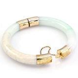 Vintage 14K Yellow Gold Green Lavender Jade Hinged Bangle Bracelet