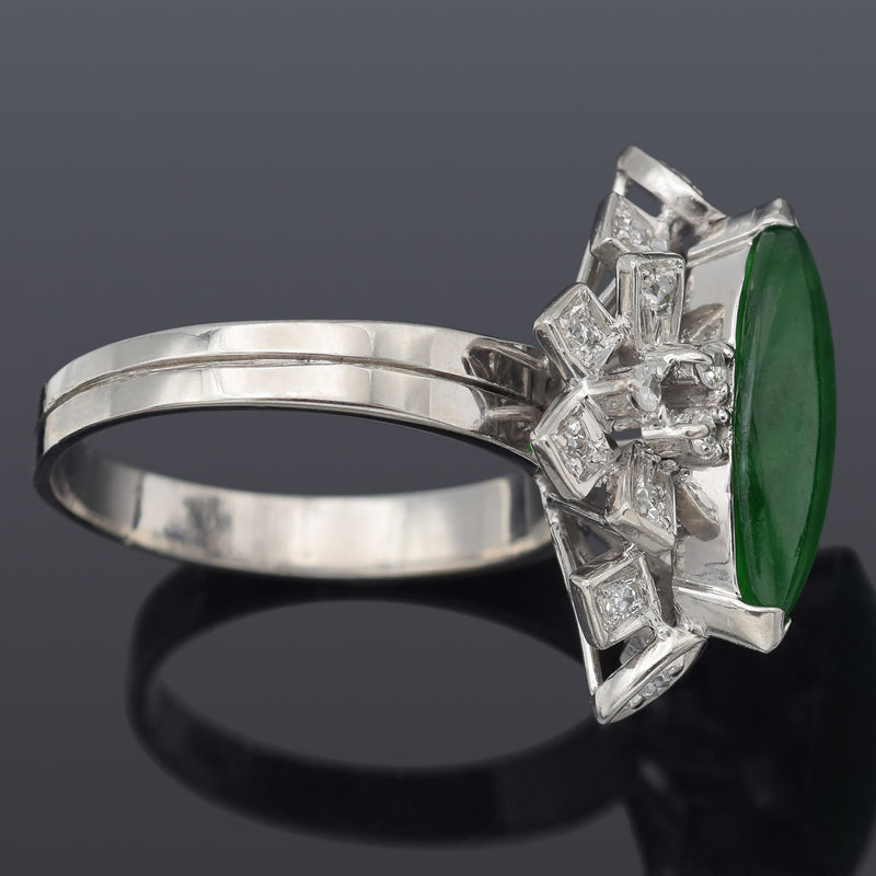 Vintage 18K White Gold Imperial Green Jade & Diamond Cocktail Ring