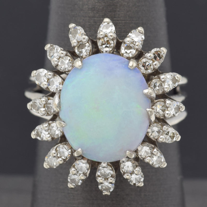 Vintage 14K White Gold 3.68 Ct Opal & 0.96 TCW Diamond Cocktail Ring