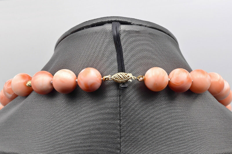 Vintage 14K Yellow Gold Angel Skin Coral Beaded Strand Necklace + Box
