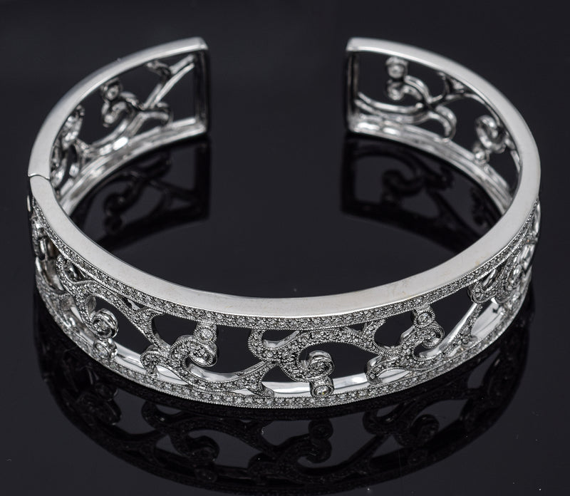 Leslie Greene 18K White Gold 1.20 TCW Diamond Hinged Cuff Bracelet