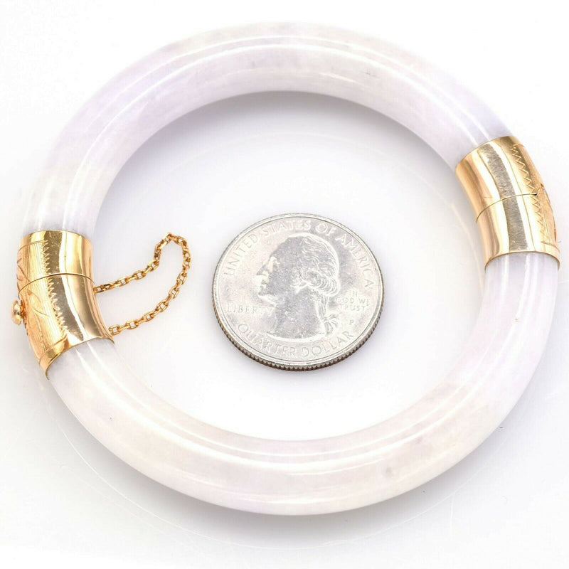 Vintage 14K Yellow Gold Lavender & White Jade Hinged Bangle Bracelet