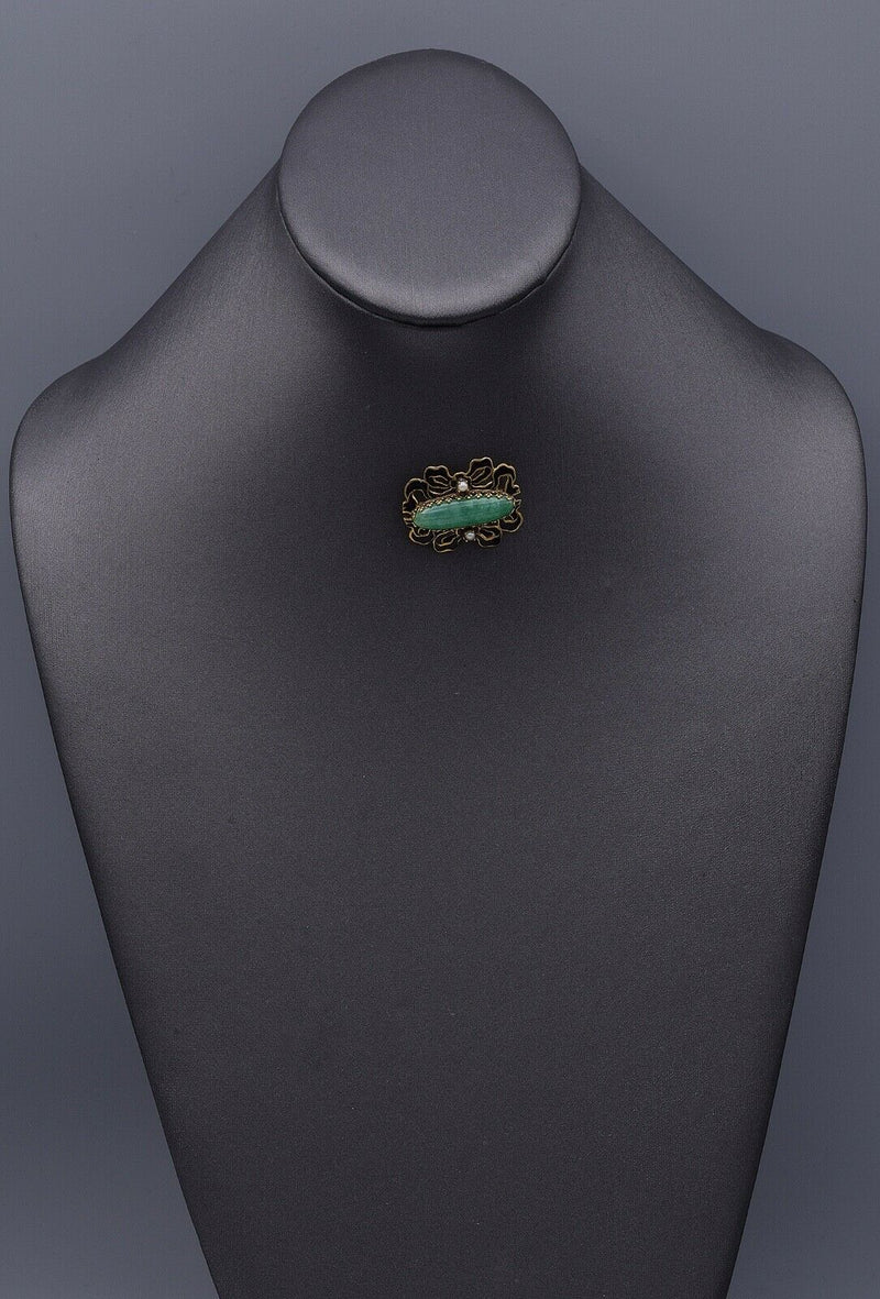 Antique 14K Yellow Gold Green Jade & Sea Pearl Enamel Brooch Pin