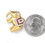 Vintage 18K Yellow Gold Diamond & Ruby Elephant Brooch Pin Pendant
