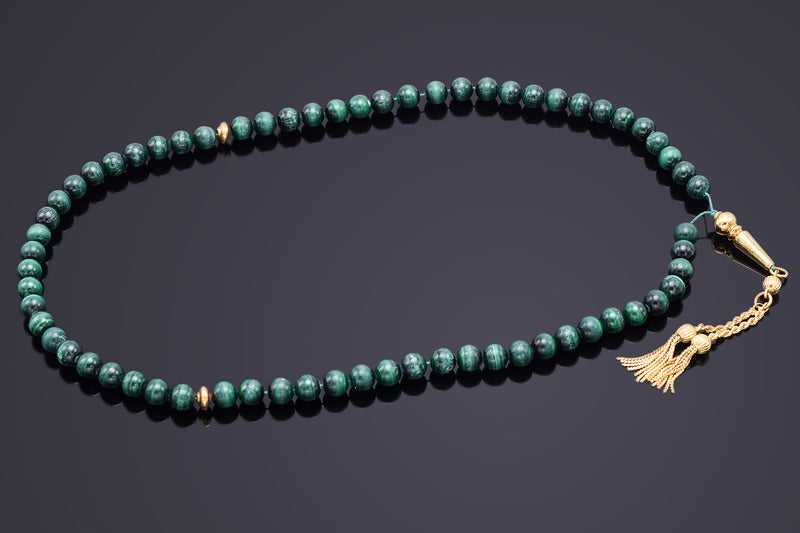 Vintage 18K Yellow Gold Malachite Prayer Beads 80.1 Grams