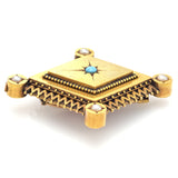 Antique English 18K Gold Turquoise & Sea Pearl Love Locket Brooch Pendant